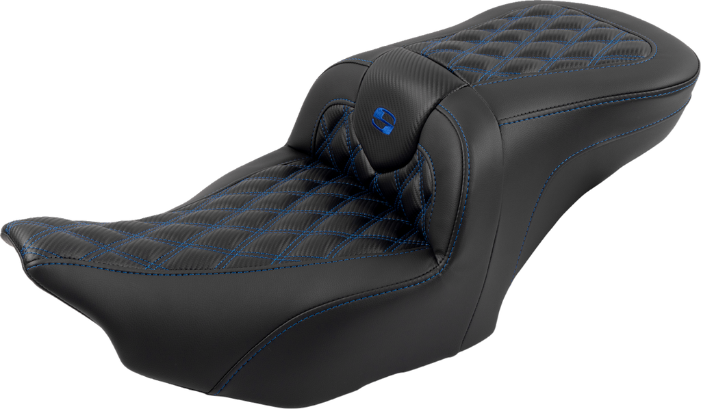 SADDLEMEN RoadSofa™ Seat - with Backrest - Carbon Fiber - Lattice Stitch - Blue Stitch - FLTR/FLHX '23-'24
