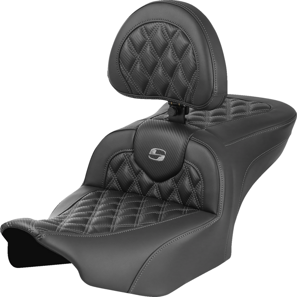 SADDLEMEN RoadSofa™ Seat - with Backrest - Carbon Fiber - Lattice Stitch - Gray Stitch - FLTR/FLHX '23-'24