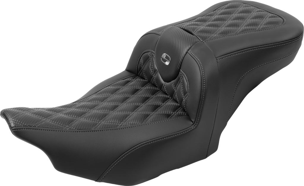 SADDLEMEN RoadSofa™ Seat - with Backrest - Carbon Fiber - Lattice Stitch - Gray Stitch - FLTR/FLHX '23-'24