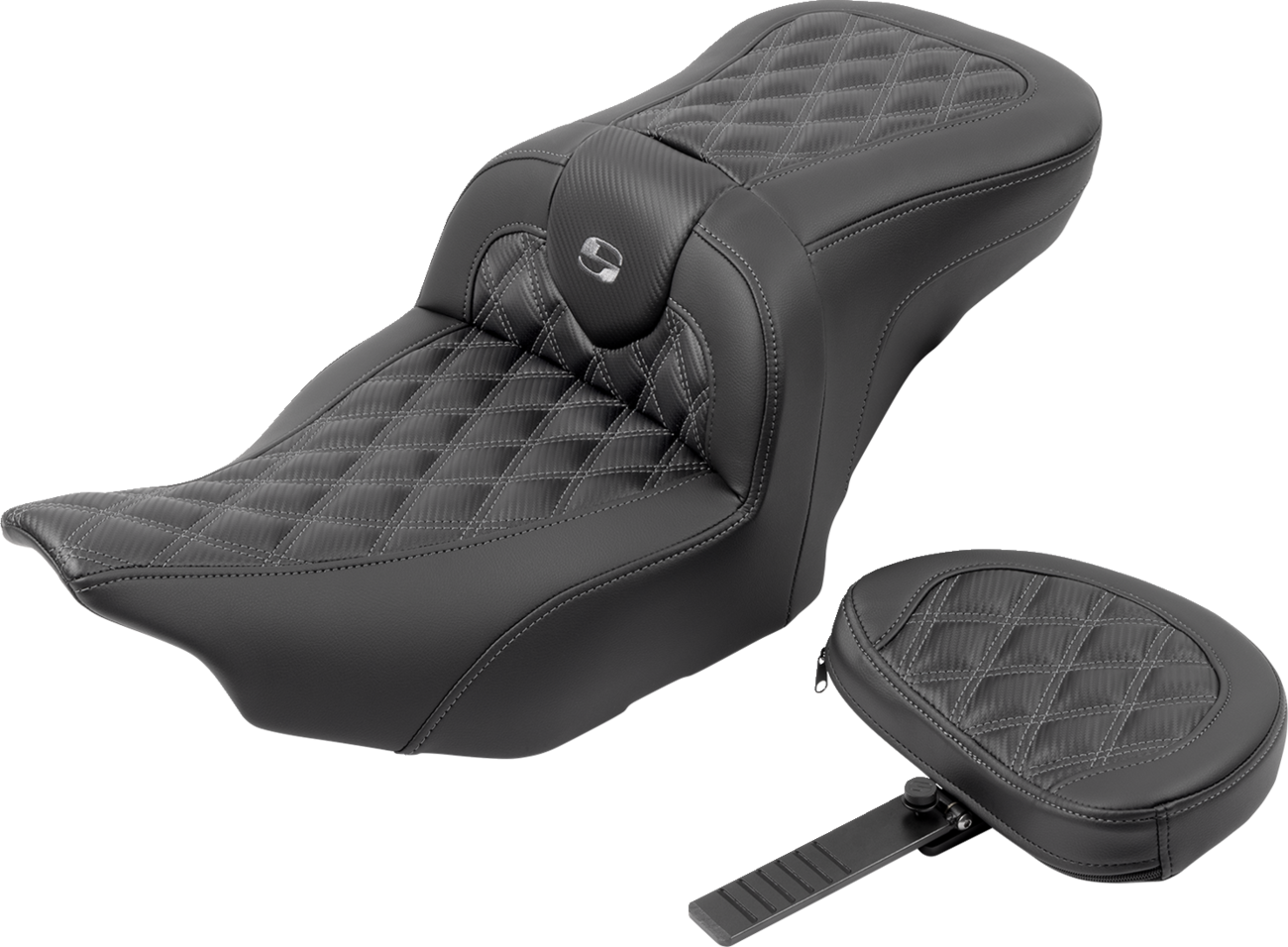 SADDLEMEN RoadSofa™ Seat - with Backrest - Carbon Fiber - Lattice Stitch - Gray Stitch - FLTR/FLHX '23-'24
