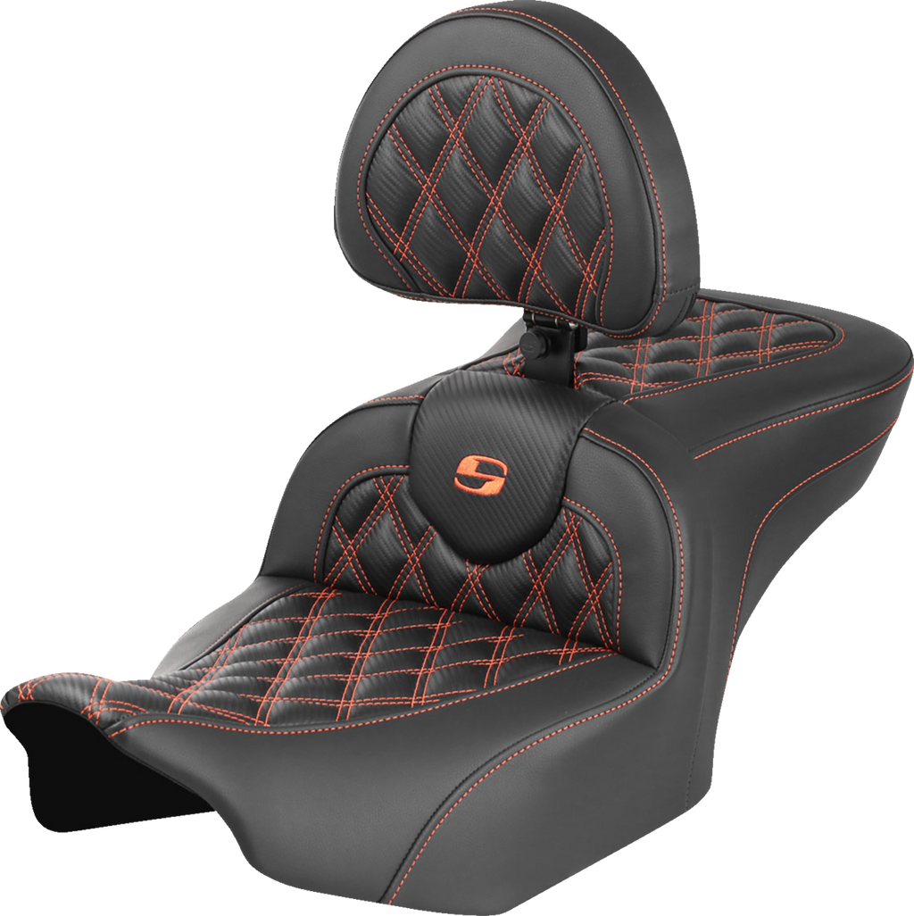 SADDLEMEN RoadSofa™ Seat - with Backrest - Carbon Fiber - Lattice Stitch - Orange Stitch - FLTR/FLHX '23-'24