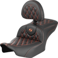 SADDLEMEN RoadSofa™ Seat - with Backrest - Carbon Fiber - Lattice Stitch - Orange Stitch - FLTR/FLHX '23-'24