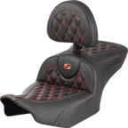 SADDLEMEN RoadSofa™ Seat - with Backrest - Carbon Fiber - Lattice Stitch - Orange Stitch - FLTR/FLHX '23-'24
