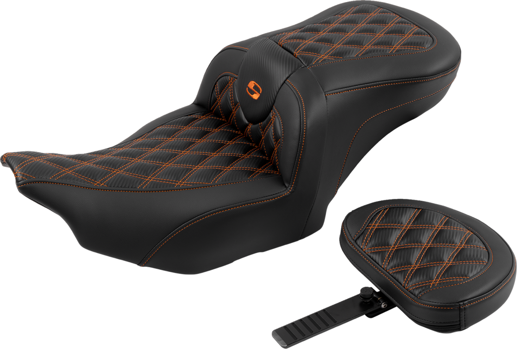 SADDLEMEN RoadSofa™ Seat - with Backrest - Carbon Fiber - Lattice Stitch - Orange Stitch - FLTR/FLHX '23-'24