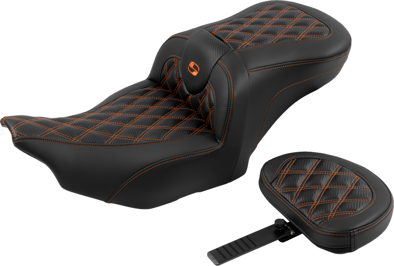 SADDLEMEN RoadSofa™ Seat - with Backrest - Carbon Fiber - Lattice Stitch - Orange Stitch - FLTR/FLHX '23-'24