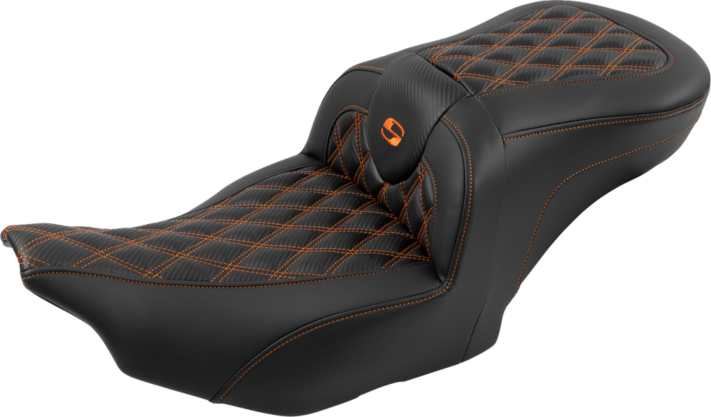 SADDLEMEN RoadSofa™ Seat - with Backrest - Carbon Fiber - Lattice Stitch - Orange Stitch - FLTR/FLHX '23-'24