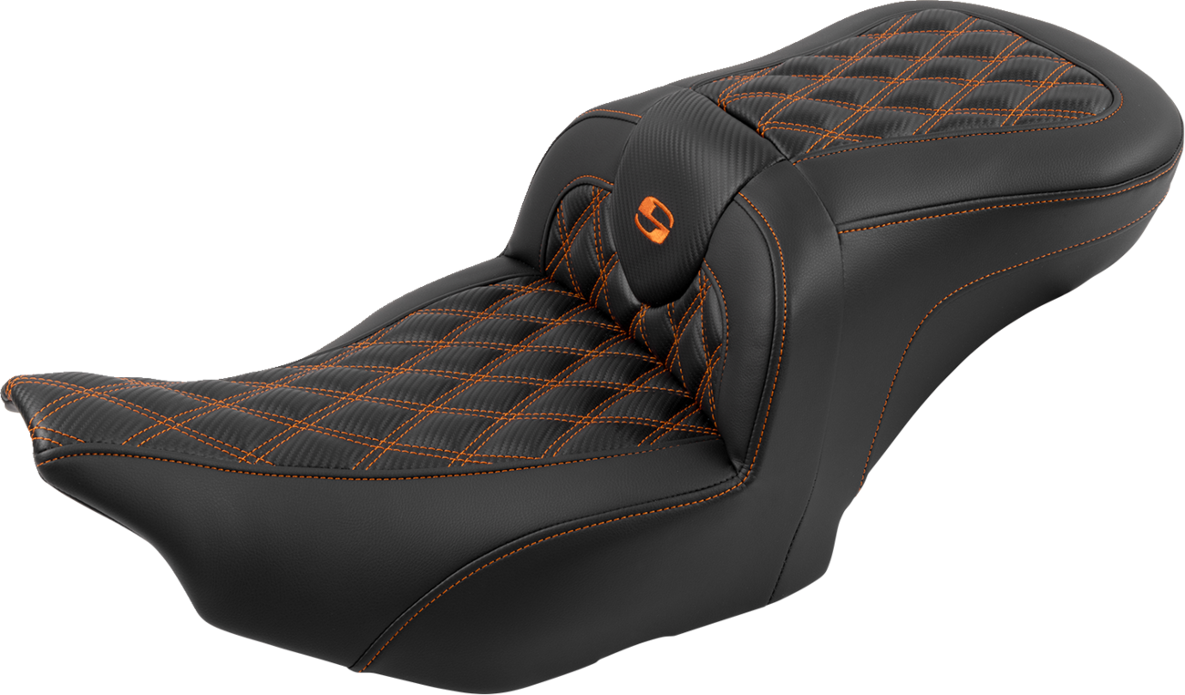 SADDLEMEN RoadSofa™ Seat - with Backrest - Carbon Fiber - Lattice Stitch - Orange Stitch - FLTR/FLHX '23-'24