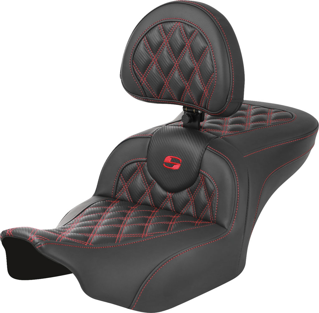 SADDLEMEN RoadSofa™ Seat - with Backrest - Carbon Fiber - Lattice Stitch - Red Stitch - FLTR/FLHX '23-'24