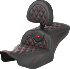 SADDLEMEN RoadSofa™ Seat - with Backrest - Carbon Fiber - Lattice Stitch - Red Stitch - FLTR/FLHX '23-'24