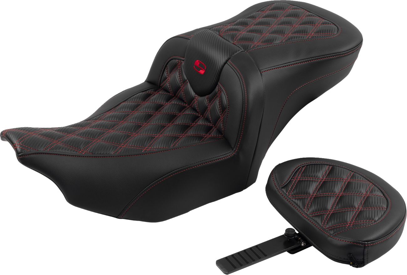 SADDLEMEN RoadSofa™ Seat - with Backrest - Carbon Fiber - Lattice Stitch - Red Stitch - FLTR/FLHX '23-'24