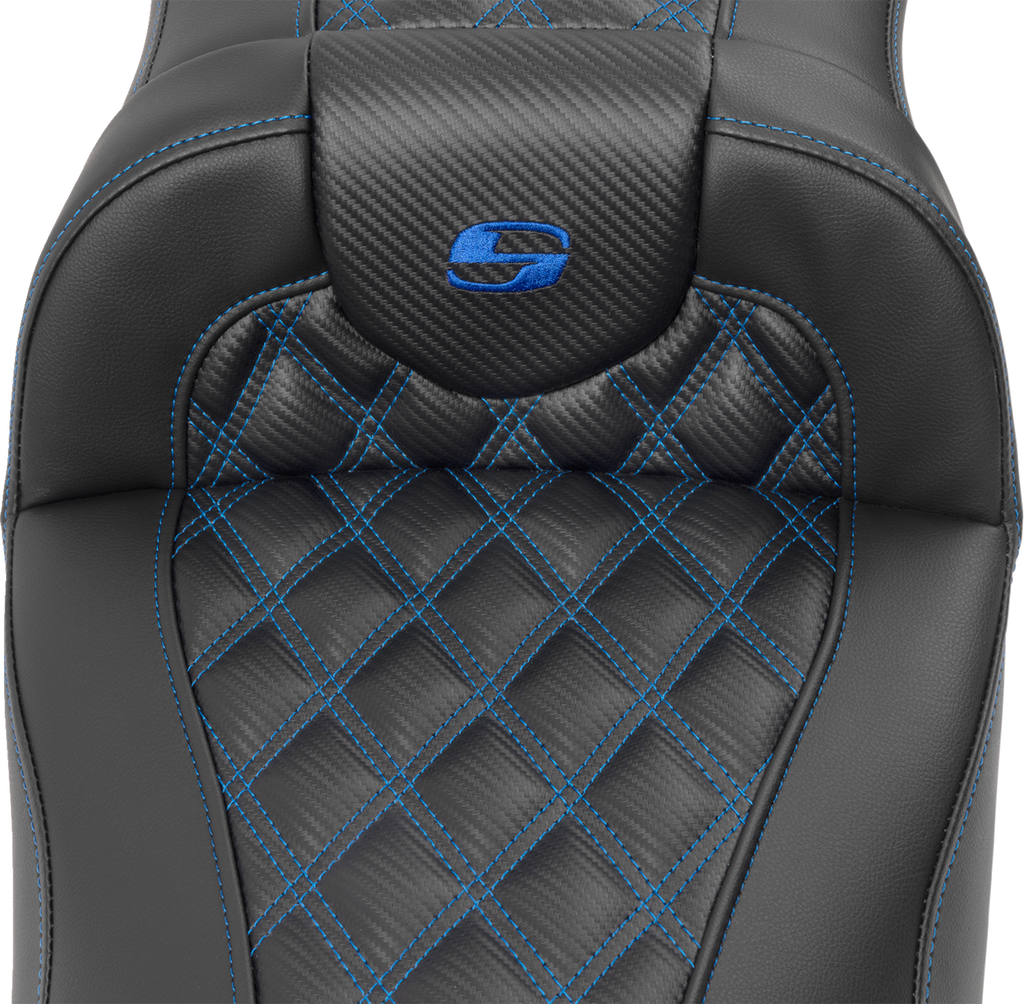 SADDLEMEN Roadsofa™ Extended Reach Seat - without Backrest - Lattice Stitch - Blue Stitch - FLTR/FLHX '23-'24
