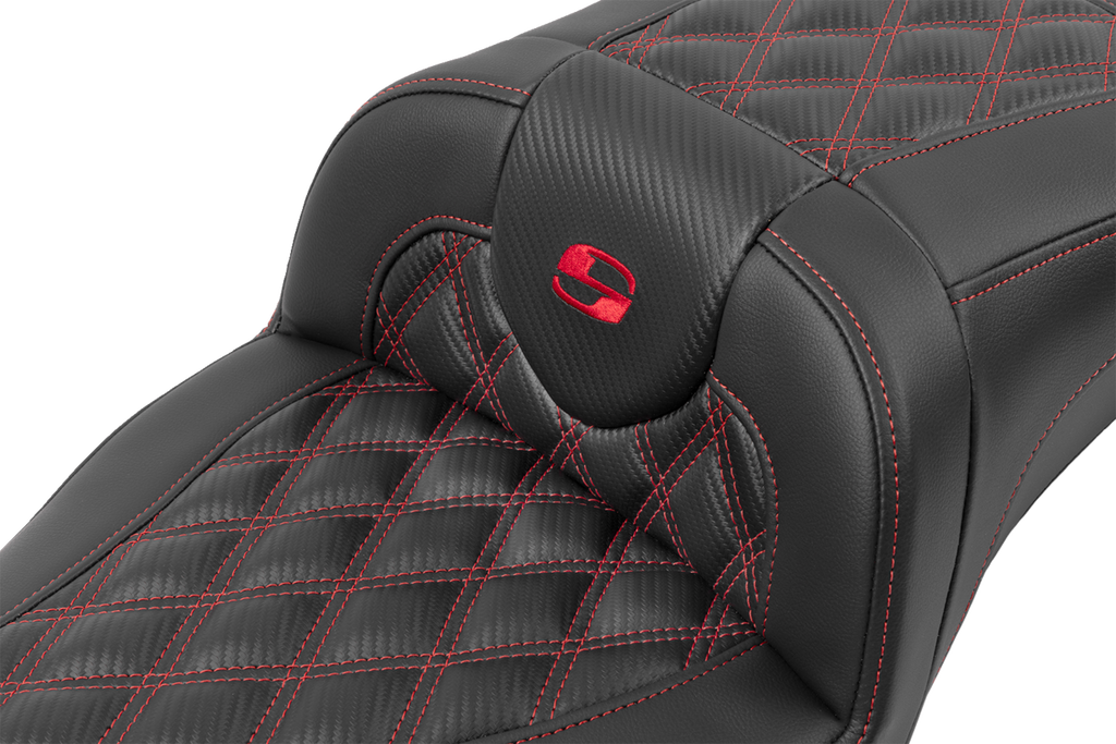 SADDLEMEN Roadsofa™ Extended Reach Seat - without Backrest - Lattice Stitch - Red Stitch - FLTR/FLHX '23-'24