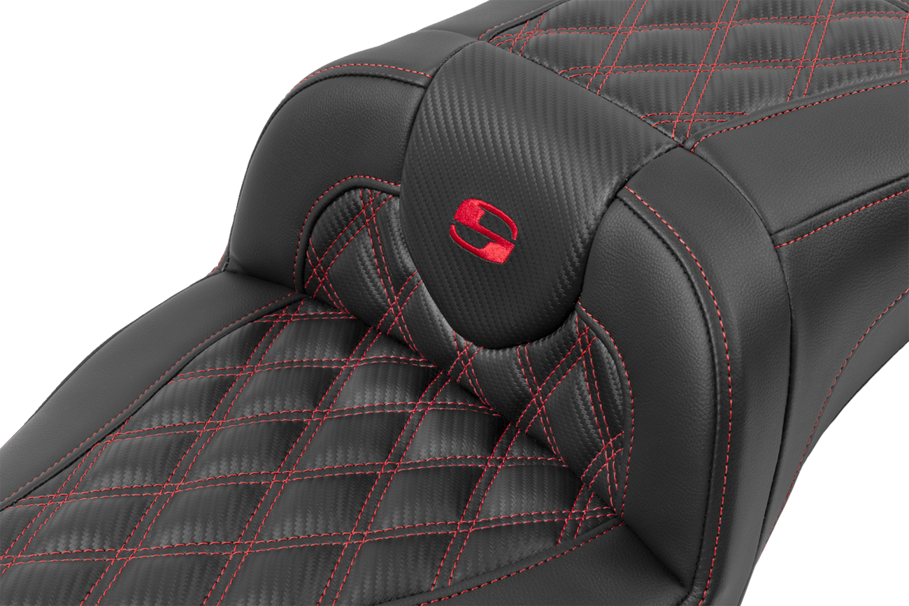 SADDLEMEN Roadsofa™ Extended Reach Seat - without Backrest - Lattice Stitch - Red Stitch - FLTR/FLHX '23-'24