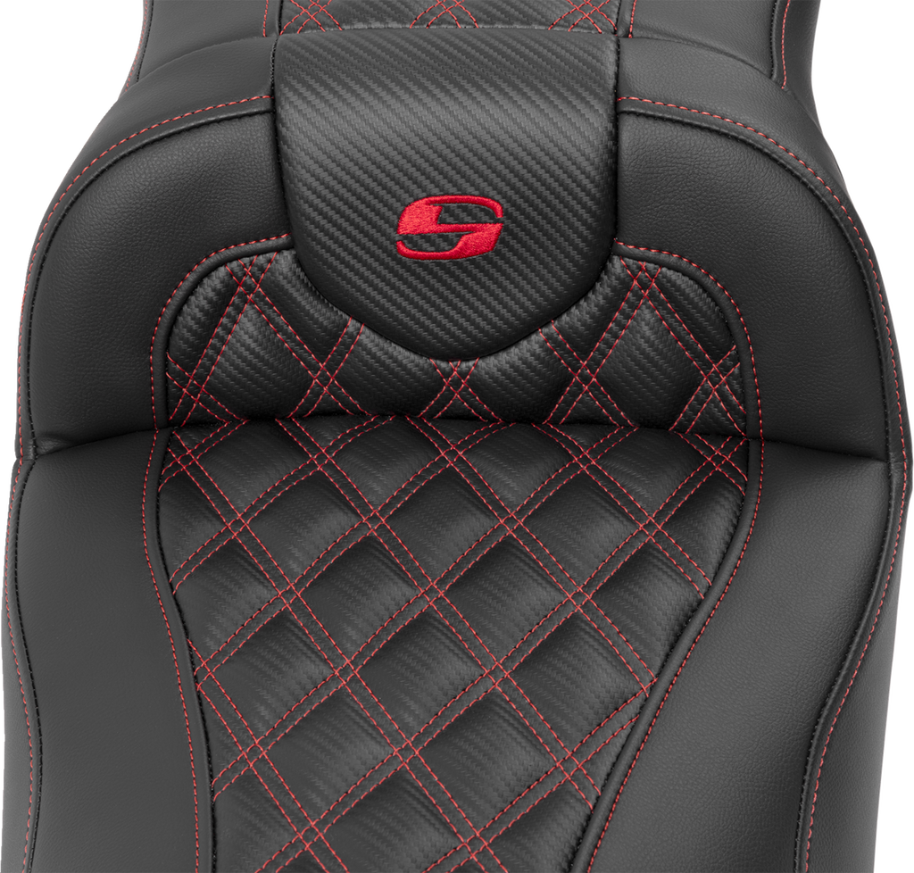 SADDLEMEN Roadsofa™ Extended Reach Seat - without Backrest - Lattice Stitch - Red Stitch - FLTR/FLHX '23-'24