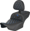 SADDLEMEN Roadsofa™ Extended Reach Seat - with Backrest - Lattice Stitch - Blue Stitch - FLTR/FLHX '23-'24
