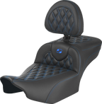 SADDLEMEN Roadsofa™ Extended Reach Seat - with Backrest - Lattice Stitch - Blue Stitch - FLTR/FLHX '23-'24