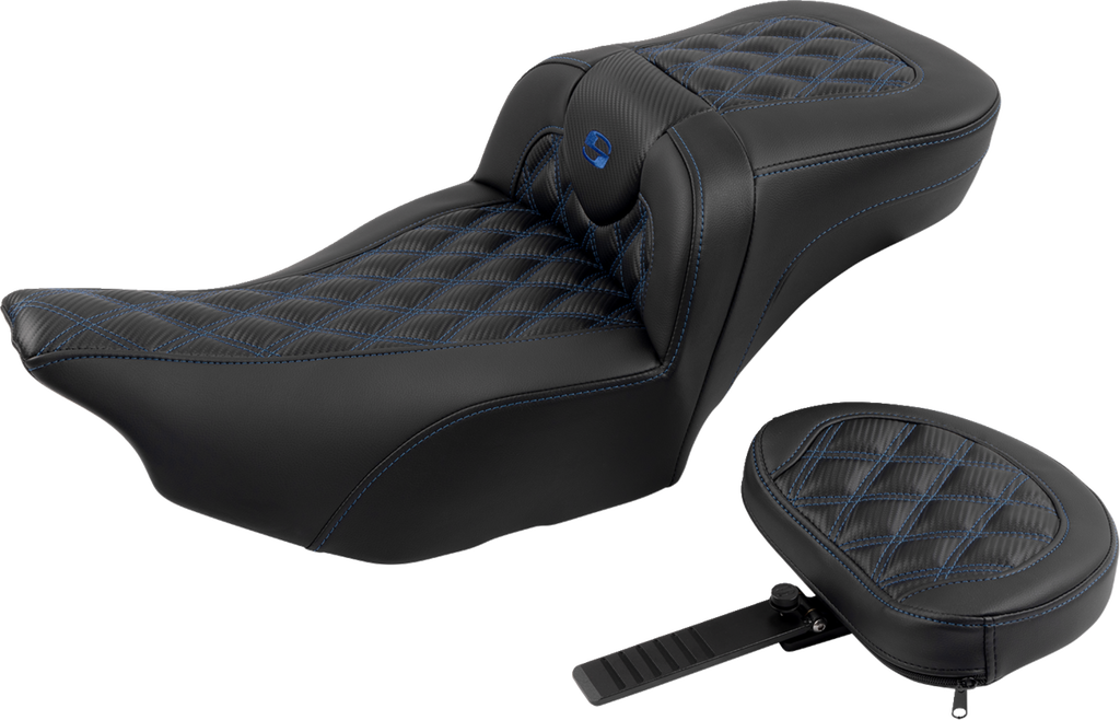 SADDLEMEN Roadsofa™ Extended Reach Seat - with Backrest - Lattice Stitch - Blue Stitch - FLTR/FLHX '23-'24