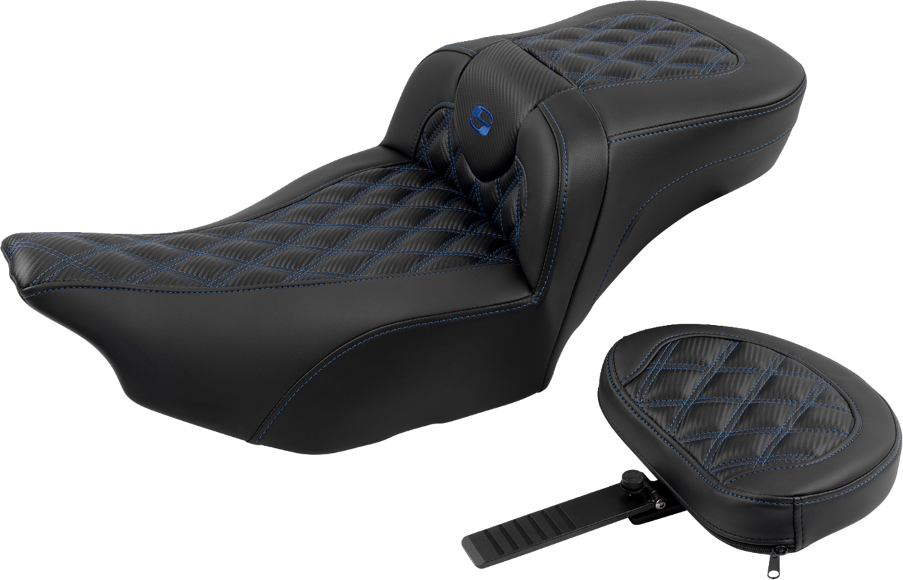 SADDLEMEN Roadsofa™ Extended Reach Seat - with Backrest - Lattice Stitch - Blue Stitch - FLTR/FLHX '23-'24