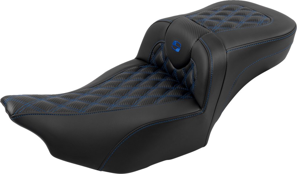 SADDLEMEN Roadsofa™ Extended Reach Seat - with Backrest - Lattice Stitch - Blue Stitch - FLTR/FLHX '23-'24