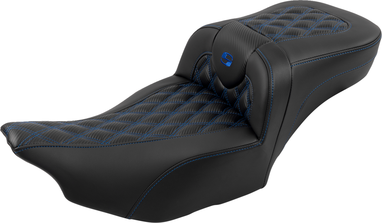 SADDLEMEN Roadsofa™ Extended Reach Seat - with Backrest - Lattice Stitch - Blue Stitch - FLTR/FLHX '23-'24