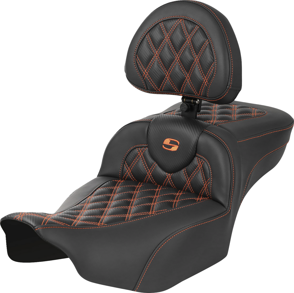 SADDLEMEN Roadsofa™ Extended Reach Seat - with Backrest - Lattice Stitch - Orange Stitch - FLTR/FLHX '23-'24