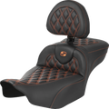 SADDLEMEN Roadsofa™ Extended Reach Seat - with Backrest - Lattice Stitch - Orange Stitch - FLTR/FLHX '23-'24