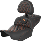 SADDLEMEN Roadsofa™ Extended Reach Seat - with Backrest - Lattice Stitch - Orange Stitch - FLTR/FLHX '23-'24