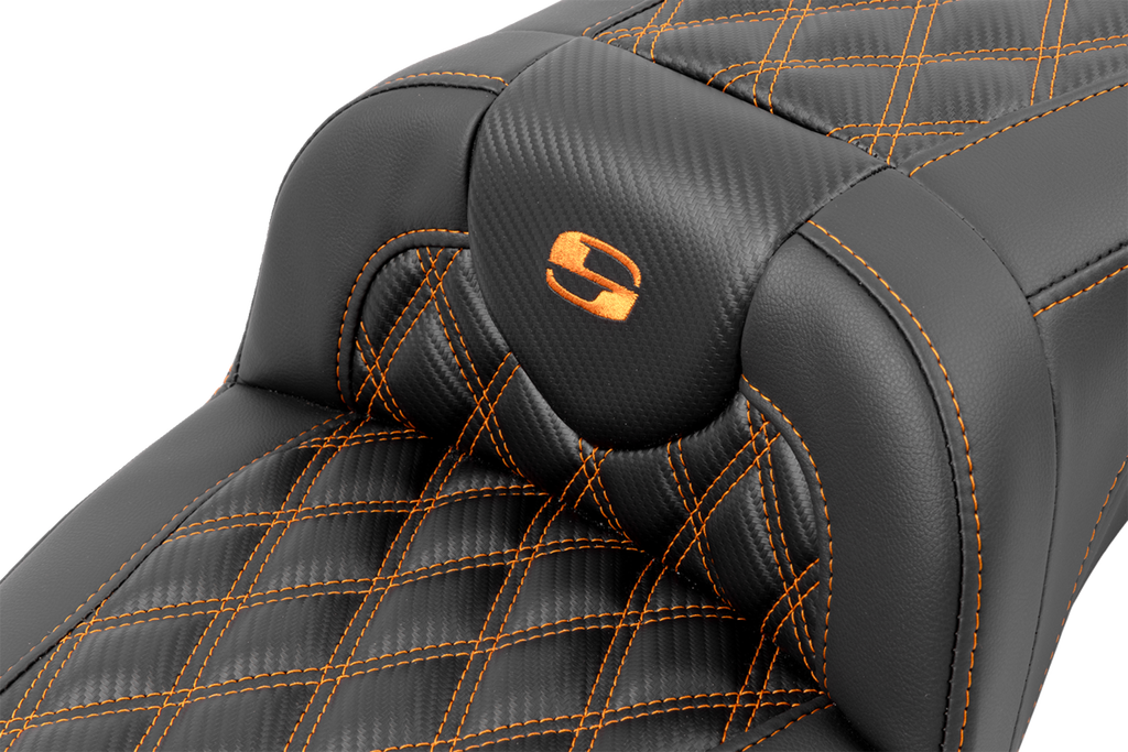 SADDLEMEN Roadsofa™ Extended Reach Seat - with Backrest - Lattice Stitch - Orange Stitch - FLTR/FLHX '23-'24