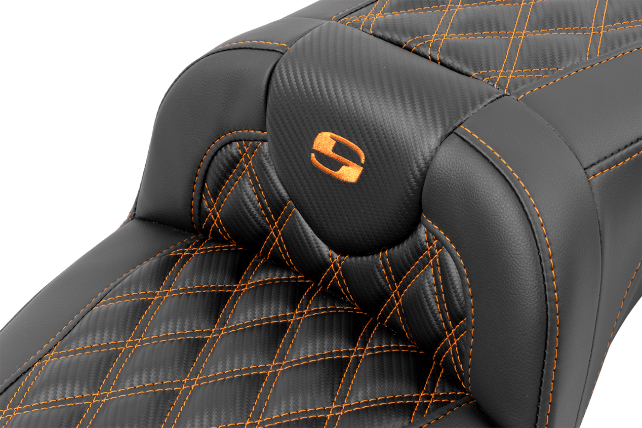 SADDLEMEN Roadsofa™ Extended Reach Seat - with Backrest - Lattice Stitch - Orange Stitch - FLTR/FLHX '23-'24