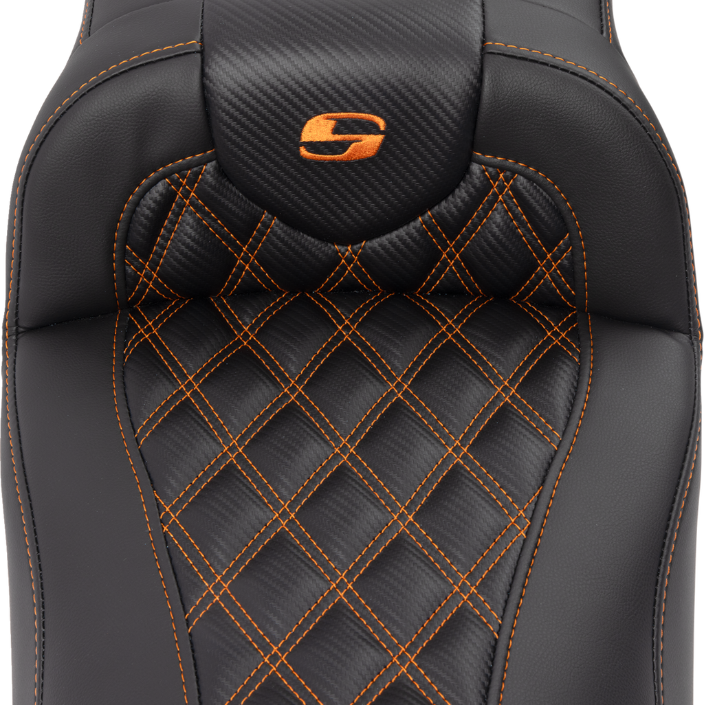 SADDLEMEN Roadsofa™ Extended Reach Seat - with Backrest - Lattice Stitch - Orange Stitch - FLTR/FLHX '23-'24