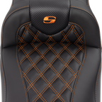 SADDLEMEN Roadsofa™ Extended Reach Seat - with Backrest - Lattice Stitch - Orange Stitch - FLTR/FLHX '23-'24