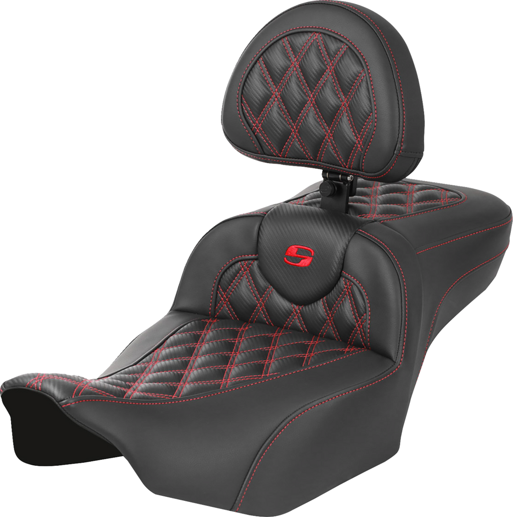 SADDLEMEN Roadsofa™ Extended Reach Seat - with Backrest - Lattice Stitch - Red Stitch - FLTR/FLHX '23-'24