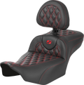 SADDLEMEN Roadsofa™ Extended Reach Seat - with Backrest - Lattice Stitch - Red Stitch - FLTR/FLHX '23-'24