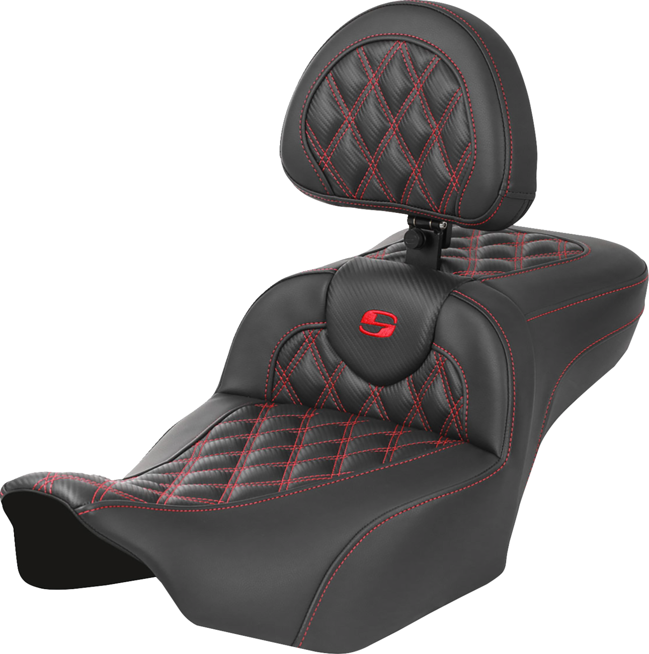 SADDLEMEN Roadsofa™ Extended Reach Seat - with Backrest - Lattice Stitch - Red Stitch - FLTR/FLHX '23-'24