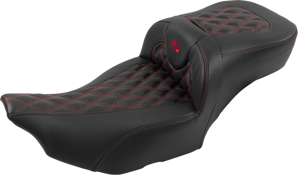 SADDLEMEN Roadsofa™ Extended Reach Seat - with Backrest - Lattice Stitch - Red Stitch - FLTR/FLHX '23-'24