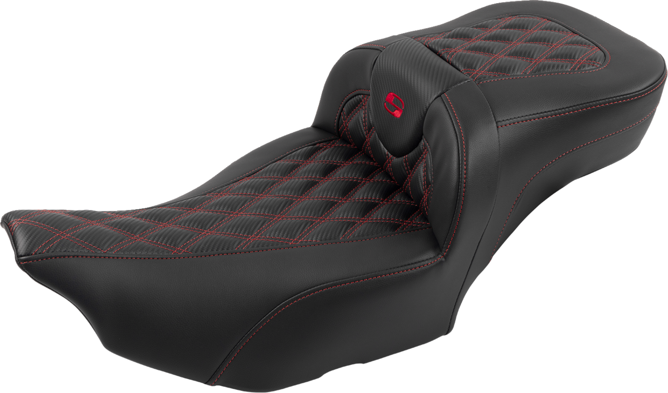 SADDLEMEN Roadsofa™ Extended Reach Seat - with Backrest - Lattice Stitch - Red Stitch - FLTR/FLHX '23-'24