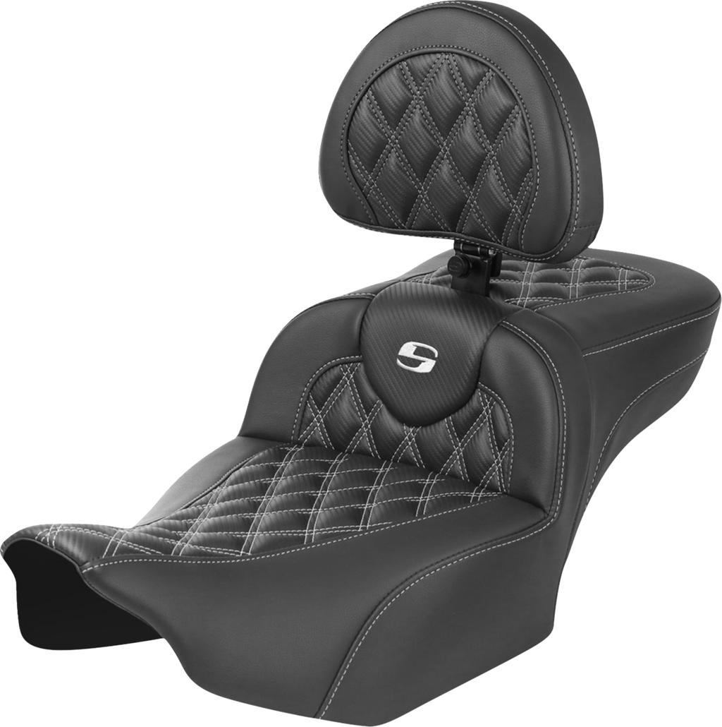 SADDLEMEN Roadsofa™ Extended Reach Seat - with Backrest - Lattice Stitch - White Stitch - FLTR/FLHX '23-'24