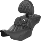 SADDLEMEN Roadsofa™ Extended Reach Seat - with Backrest - Lattice Stitch - White Stitch - FLTR/FLHX '23-'24