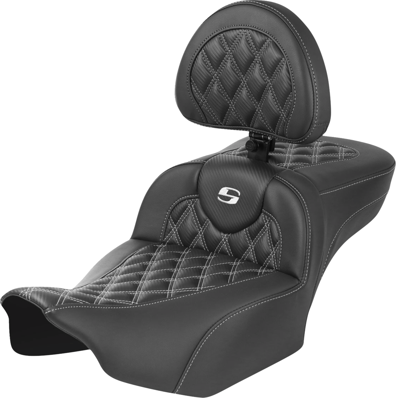 SADDLEMEN Roadsofa™ Extended Reach Seat - with Backrest - Lattice Stitch - White Stitch - FLTR/FLHX '23-'24