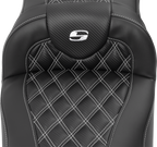 SADDLEMEN Roadsofa™ Extended Reach Seat - with Backrest - Lattice Stitch - White Stitch - FLTR/FLHX '23-'24
