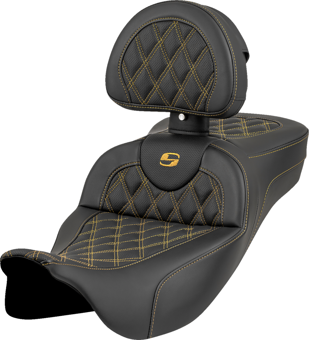 SADDLEMEN Roadsofa™ Extended Reach Seat - Lattice Stitch - Gold Stitch - with Backrest - FL '08-'23