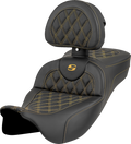 SADDLEMEN Roadsofa™ Extended Reach Seat - Lattice Stitch - Gold Stitch - with Backrest - FL '08-'23