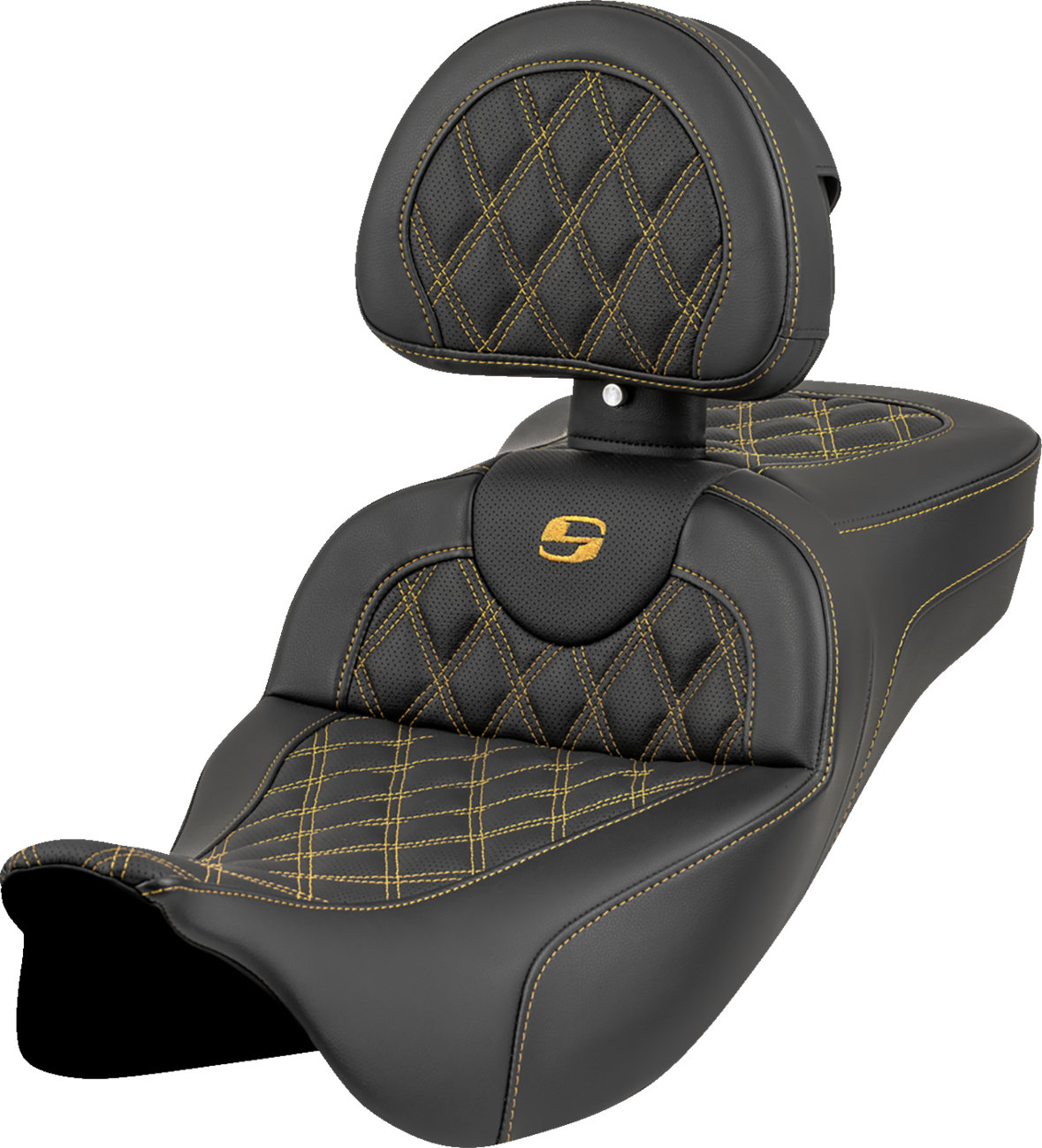 SADDLEMEN Roadsofa™ Extended Reach Seat - Lattice Stitch - Gold Stitch - with Backrest - FL '08-'23