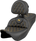 SADDLEMEN Roadsofa™ Seat - Lattice Stitch - Gold Stitch - w/ Backrest - FL '08-'23