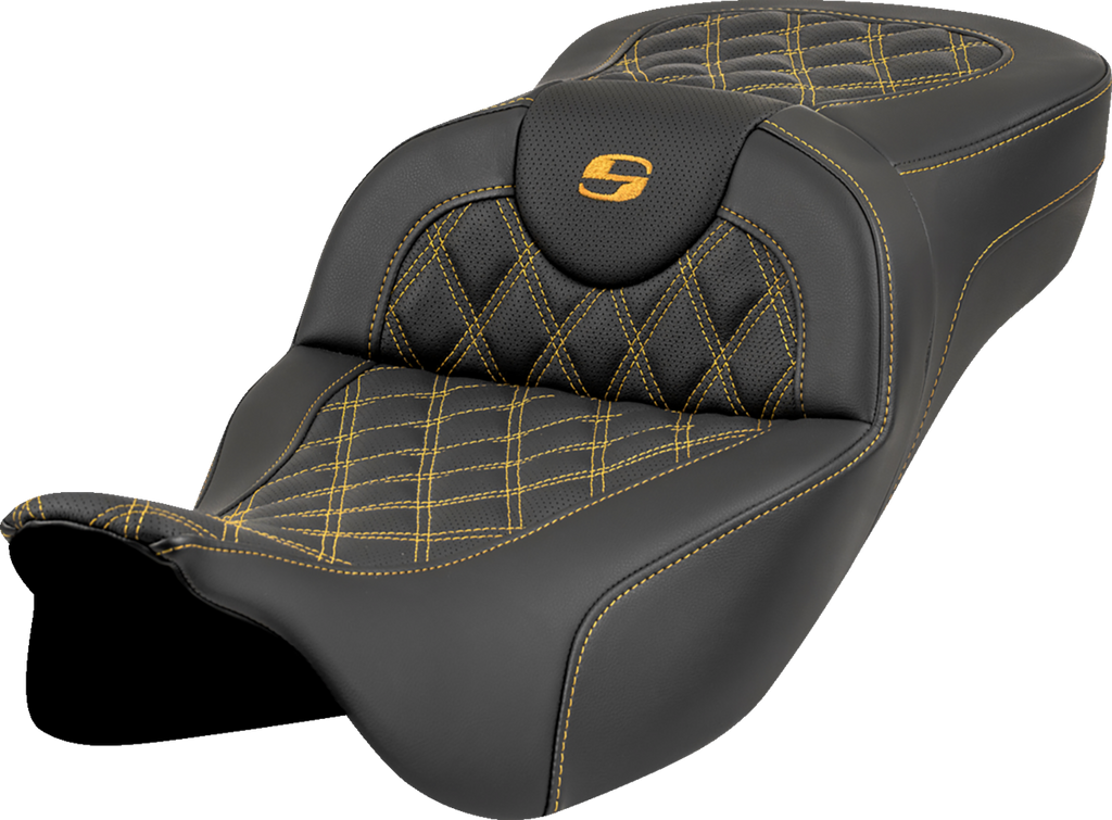 SADDLEMEN Roadsofa™ Extended Reach Seat - Lattice Stitch - Gold Stitch - without Backrest - FL '08-'23