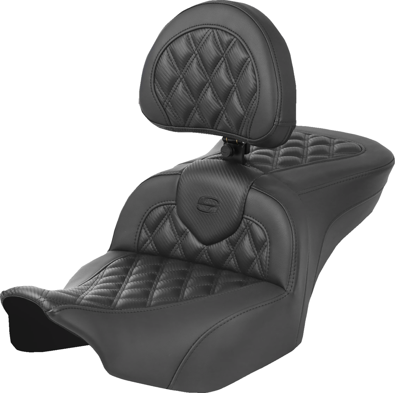 SADDLEMEN Heated Roadsofa™ Seat - Carbon Fiber - Lattice Stitch - w/ Backrest - FLT/FLH '23-'24