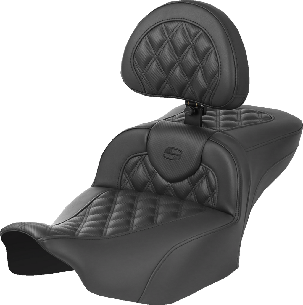 SADDLEMEN Heated RoadSofa™ Seat - Exended Reach - Lattice Stitch - w/ Backrest - FLT/FLH ’23-‘24