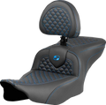 SADDLEMEN Roadsofa™ Seat - Dragon Scale Stitch - Blue Stitch - w/ Backrest - FLTR/FLHX '23-'24