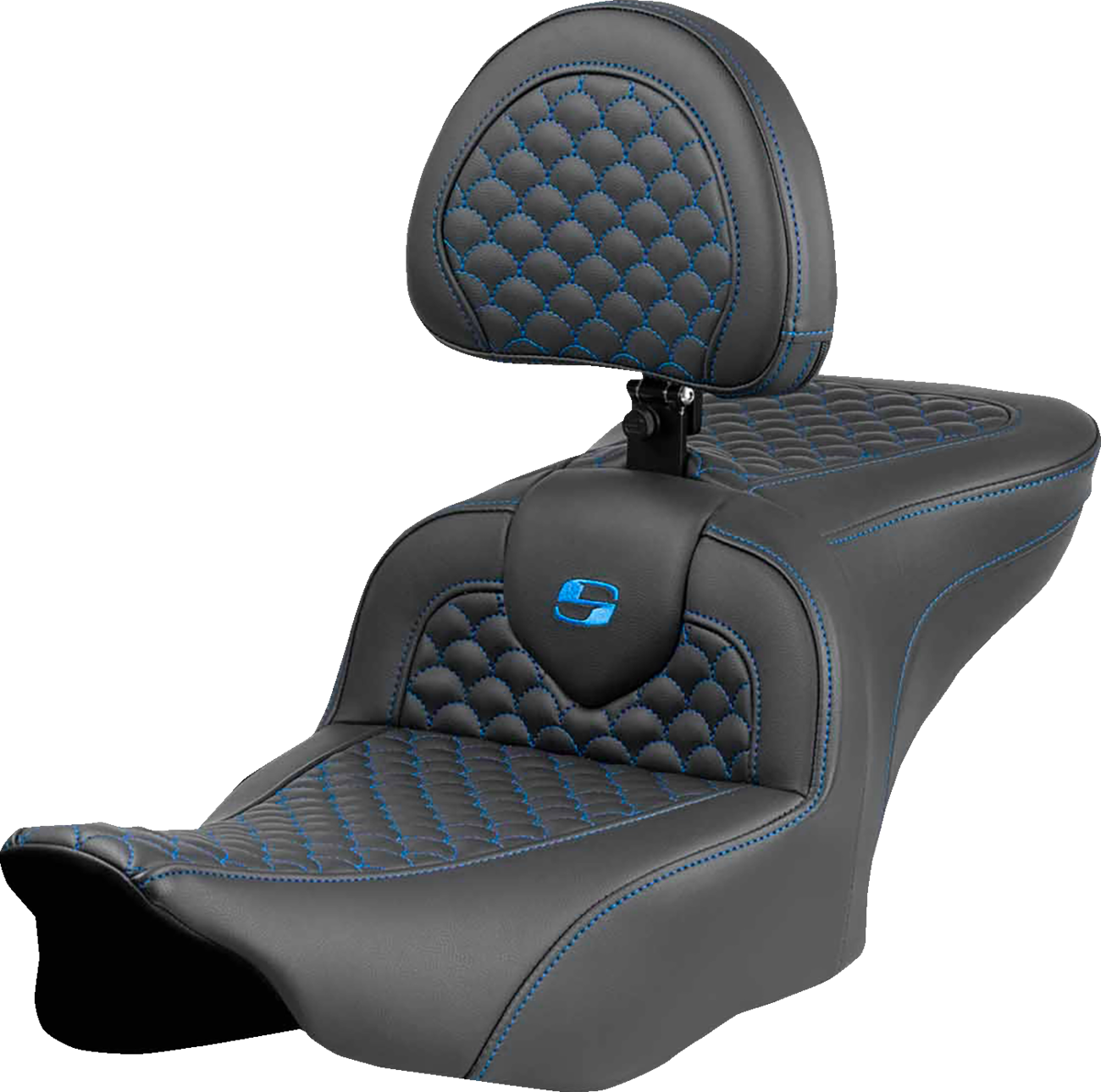 SADDLEMEN Roadsofa™ Seat - Dragon Scale Stitch - Blue Stitch - w/ Backrest - FLTR/FLHX '23-'24