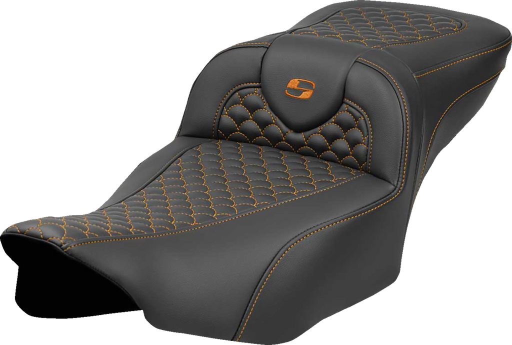SADDLEMEN Roadsofa™ Extended Reach Seat - Dragon Scale Stitch - Orange Stitch - w/o Backrest - FLT/FLH '23-'24